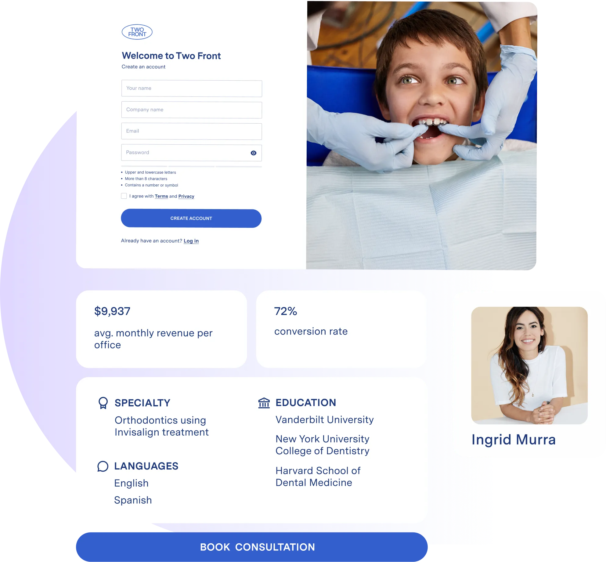 A collage of components from the Two Front application. From top to bottom: Two Front's desktop sign up form, two numerical sales data components, a dentist's bio including specialty treatments, languages spoken, and education history, and Dr. Ingrid Murra's headshot.